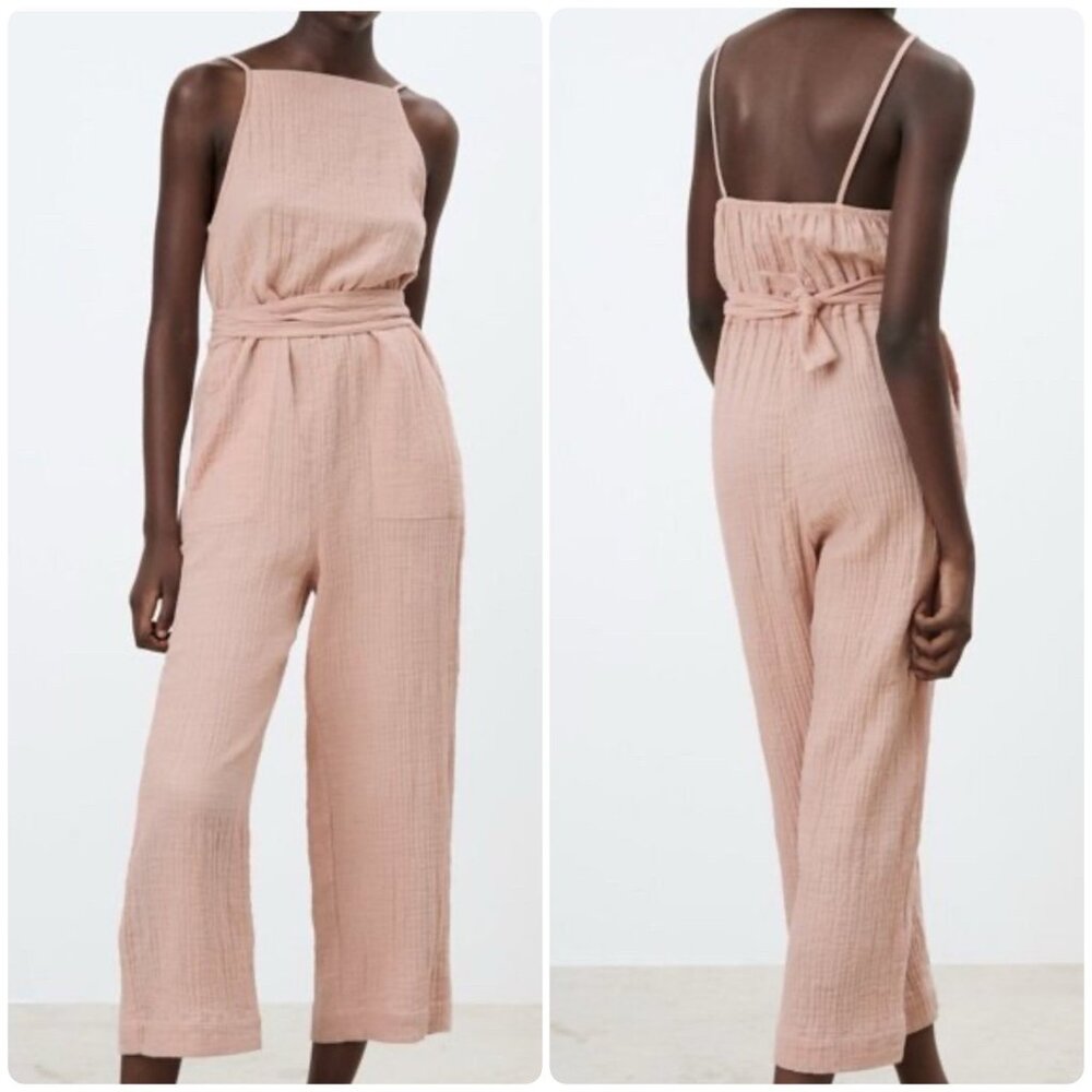 Zara Light Pink Peach Cotton Gauze Belted Straight Leg Jumpsuit Womens M Summer